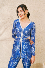 Blue and White Floral Printed Peplum and Pants Set