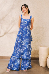 Blue and White Floral Printed Kurta Set