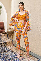 Rust Floral Printed Open Jacket Set