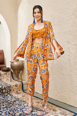 Rust Floral Printed Open Jacket Set