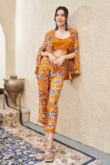 Rust Floral Printed Open Jacket Set