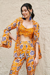 Rust Floral Printed Open Jacket Set