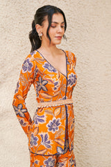 Rust Floral Print Peplum With Sharara Set