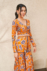 Rust Floral Print Peplum With Sharara Set