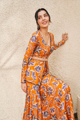 Rust Floral Print Peplum With Sharara Set