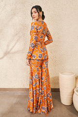 Rust Floral Print Peplum With Sharara Set