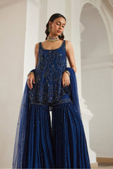 Teal Blue Biased Kurta With Sharara Set