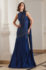 Teal Blue Saree With Bodysuit