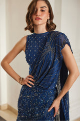 Teal Blue Saree With Bodysuit