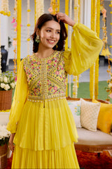 Sunshine Yellow Gathers Peplum With Skirt Set