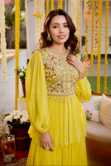 Sunshine Yellow Gathers Peplum With Skirt Set