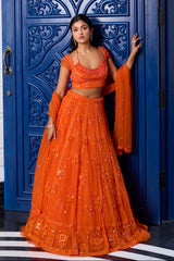 Orange Tonal Embroidered Lehenga Set