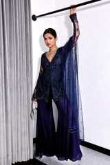 Midnight Blue Tonal Embroidered Kurta and Pants Set
