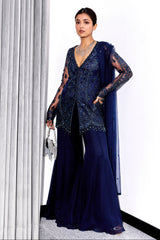 Midnight Blue Tonal Embroidered Kurta and Pants Set