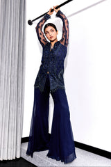 Midnight Blue Tonal Embroidered Kurta and Pants Set