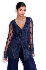 Midnight Blue Tonal Embroidered Kurta and Pants Set