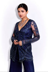 Midnight Blue Tonal Embroidered Kurta and Pants Set
