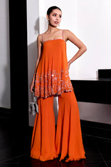 Orange Floral Embroidery Top and Pants Set