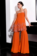 Orange Floral Embroidery Top and Pants Set