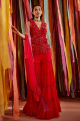 HOT PINK 3D FLOWERS KURTA AND SHARARA SET