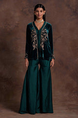 Green Velvet Jacket With Silk Peplum and Sharara Set