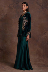 Green Velvet Jacket With Silk Peplum and Sharara Set