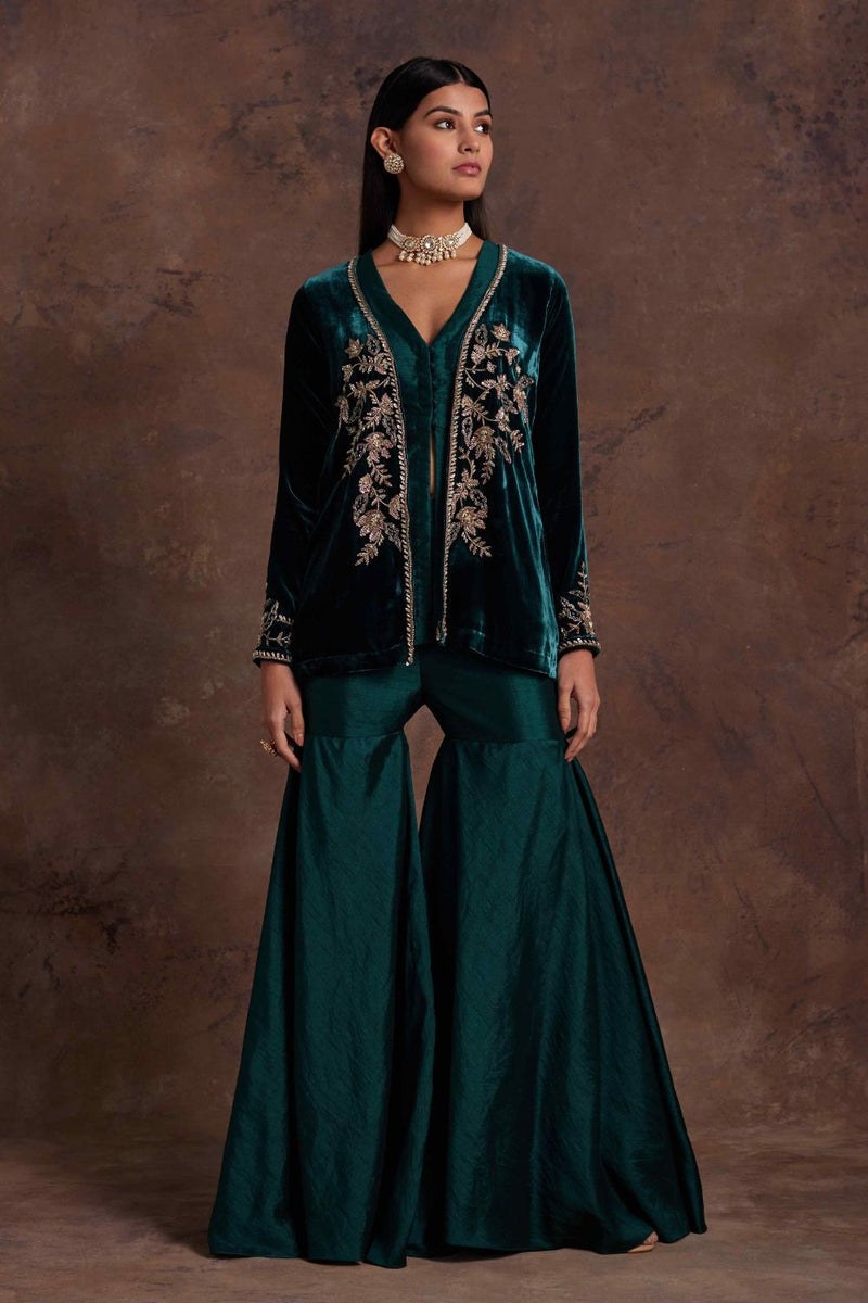 Green Velvet Jacket With Silk Peplum and Sharara Set