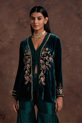 Green Velvet Jacket With Silk Peplum and Sharara Set