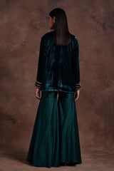 Green Velvet Jacket With Silk Peplum and Sharara Set