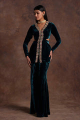 Green Velvet Pantsuit With Cut-out Detailing Set