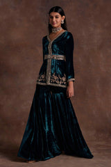 Green Velvet Peplum With Belt and Sharara Set