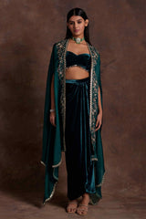 Green Velvet Drape Skirt Bustier and Organza Cape Set