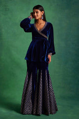 Blue Velvet Peplum and Godet Pants Set