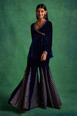 Blue Velvet Peplum and Godet Pants Set