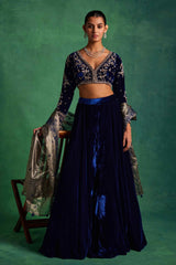 Blue Velvet Lehenga and Blouse Set