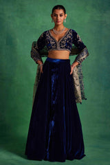 Blue Velvet Lehenga and Blouse Set