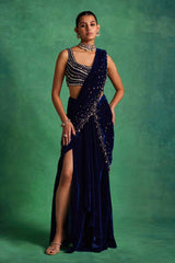 Blue Velvet Slit Saree