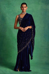 Blue Velvet Slit Saree