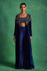 Blue Velvet Long Jacket With Bustier and Pants Set