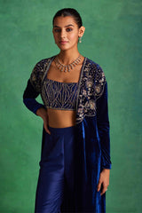 Blue Velvet Long Jacket With Bustier and Pants Set