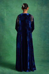 Blue Velvet Long Jacket With Bustier and Pants Set