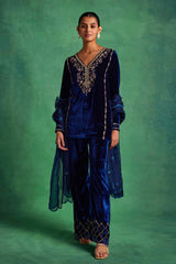 Blue Velvet Straight Kurta With Pants and Dupatta Set