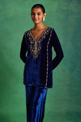 Blue Velvet Straight Kurta With Pants and Dupatta Set
