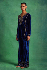 Blue Velvet Straight Kurta With Pants and Dupatta Set