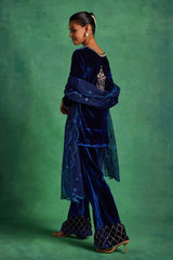 Blue Velvet Straight Kurta With Pants and Dupatta Set