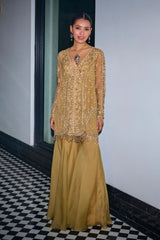 Gold Tonal Embroidered Kurta and Sharara Set