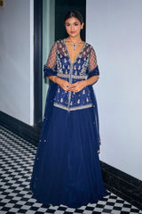 Midnight Blue Peplum Top With Skirt Set