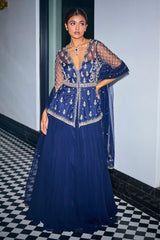 Midnight Blue Peplum Top With Skirt Set