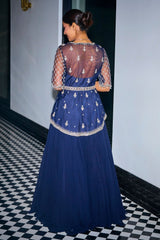 Midnight Blue Peplum Top With Skirt Set