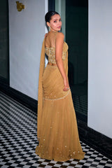 Gold Sequins Tiered Saree With Corset Set